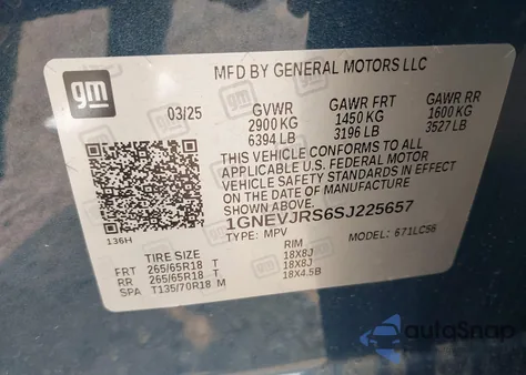 2025 Chevrolet Traverse Awd Z71 from USA, damaged, VIN 1GNEVJRS6SJ225657